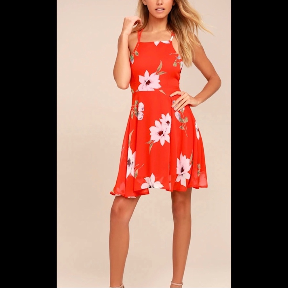 LULUS Coral Red Floral Print Lace-Up Dress Small